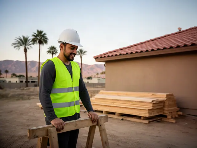 A builder in a hard hat and safety vest on a home construction site.