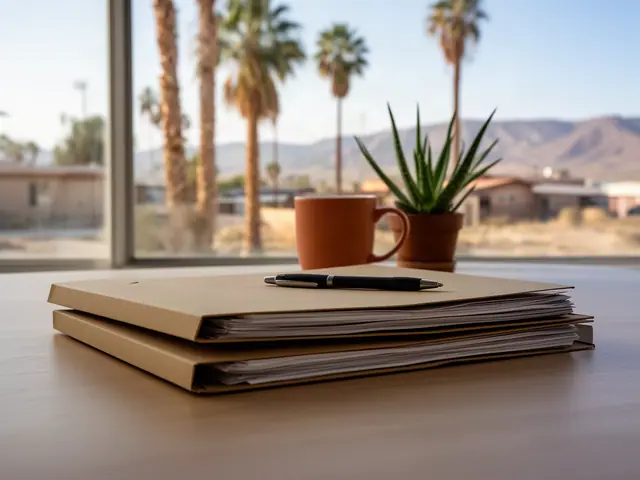 A neat stack of closed manila folders and a pen on a desk by a window.