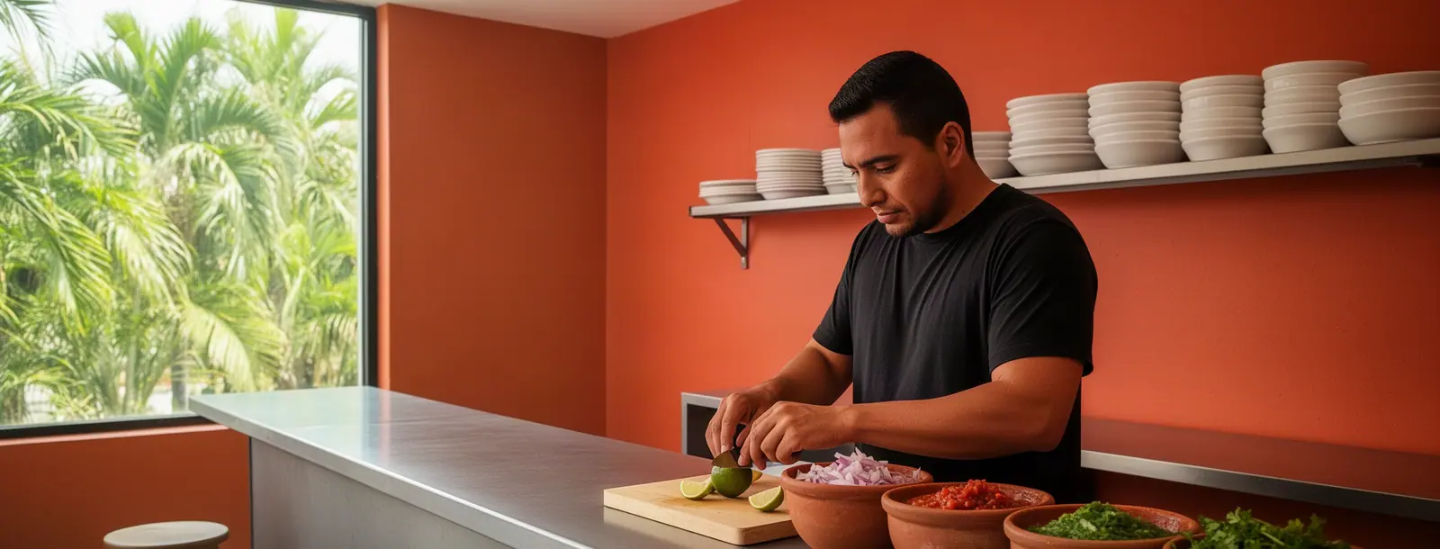 A taqueria owner slicing limes and filling clay bowls with fresh salsa behind a steel counter in morning light.
