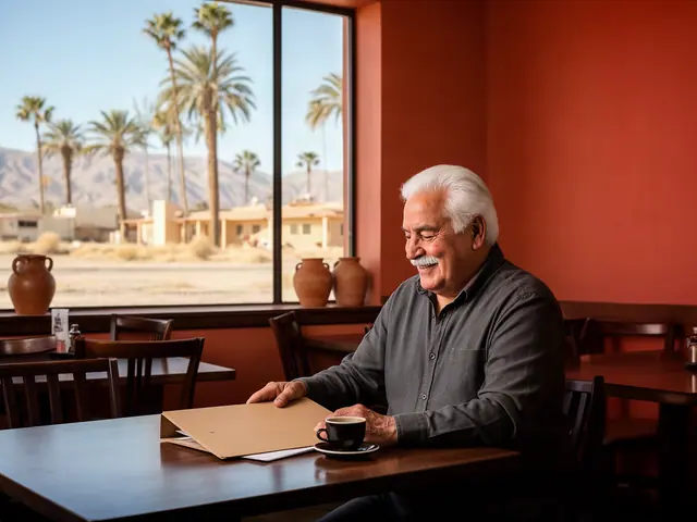 A restaurant owner seated with a folder in an empty dining room before opening.