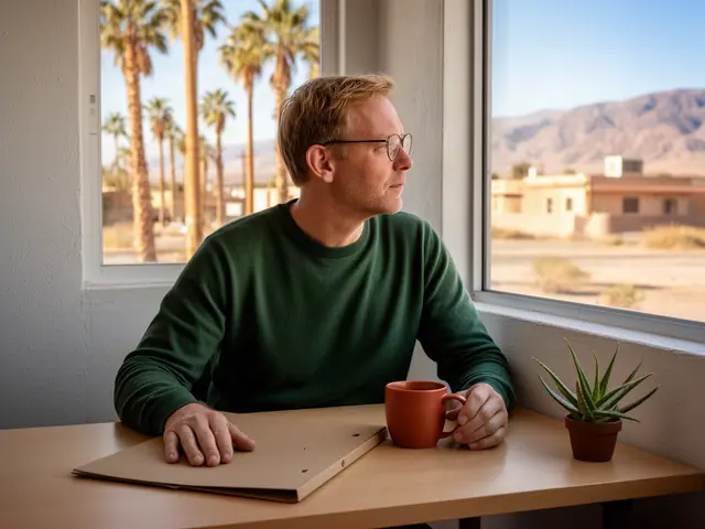 A man with short sandy hair and wire-rimmed glasses at a desk with a folder and a mug in a small back office.