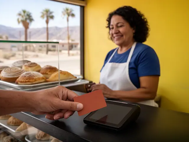 A customer taps a card on a counter terminal at a small panaderia counter.