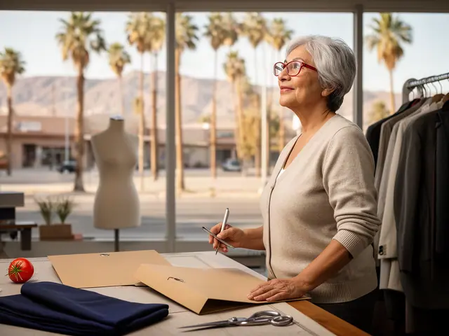 A woman with short silver hair and red-framed glasses at a work table with a closed folder in a small tailoring and alterations shop.